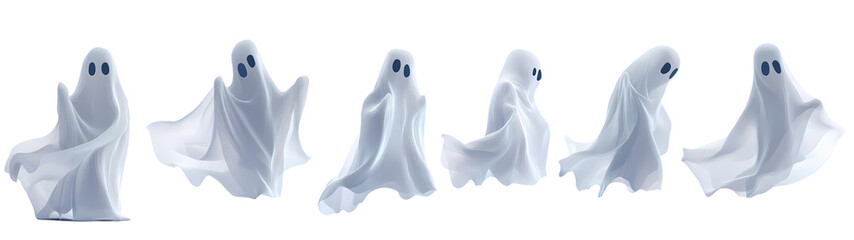 Illustration of white ghost, smiling phantom silhouette isolated on transparent background.