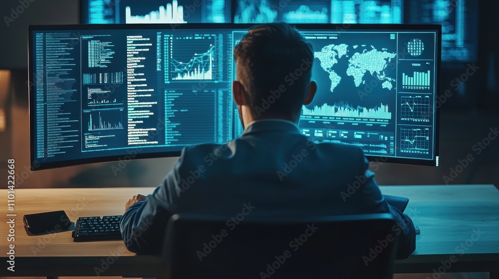 Aufkleber data analyst reviewing financial charts and graphs on multiple screens