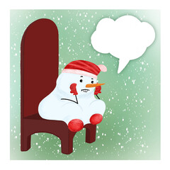 Cute Snowman in a red hat, scarf and mittens sits on a large beard chair waiting for the New Year. Design for a New Year's card on a green background with a cloud for thoughts.