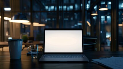 Evening work with a laptop on a desk, featuring an organized workspace and a blank screen for marketing, suitable for planning and meeting deadlines during late hours