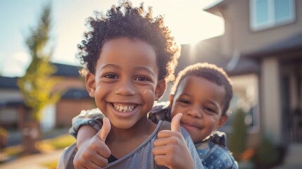 Childrens portrait showcasing a joyful embrace with thumbs up outdoors, capturing love and connection during a fun weekend in the garden
