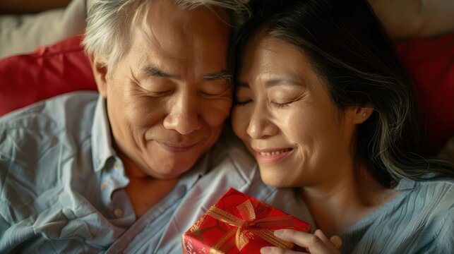Joyful couple in bed, celebrating an anniversary with a surprise gift, showcasing love and care at home. A mature man with his eyes closed and a delighted woman holding a birthday present