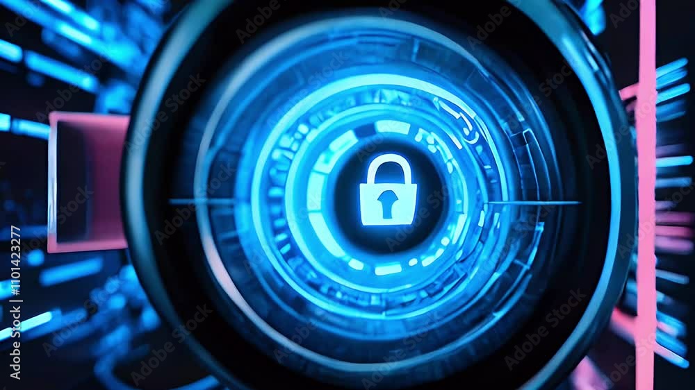 Aufkleber a futuristic security device with a lock symbol, surrounded by digital interfaces.