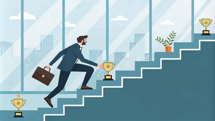 Obraz premium Ascent to Success: An individual’s journey up the corporate ladder visualized through an inspiring climb towards golden trophies.”