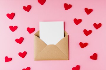 Envelope, blank white paper card and pink hearts. invitation mockup. Red heart shapes, clean letter isolated on pink. Love, Valentine's day message. Gift card. Postcard. Wish list. Place for text