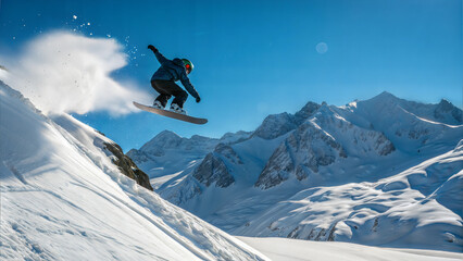 Snowboarder soaring through the air against a clear blue sky in a mountainous landscape