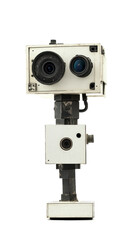 A vintage-style camera robot with dual lenses, showcasing an innovative blend of technology and design.