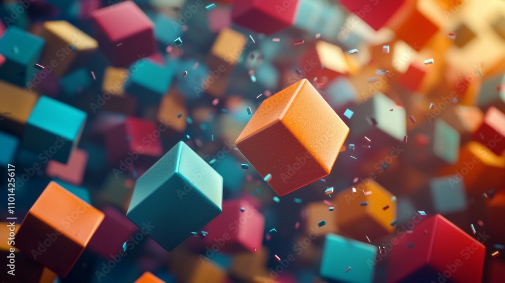 Poster floating colorful cubes with confetti in abstract motion