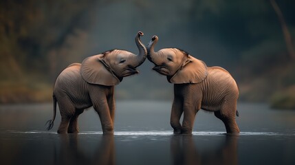 Two young elephants playing in a shallow water area, facing each other with trunks intertwined, against a blurred natural background.