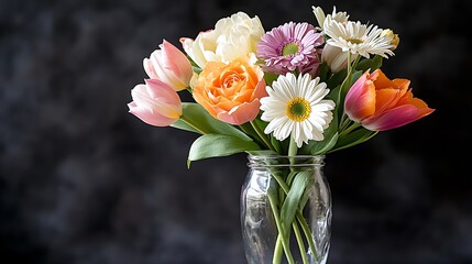 A vibrant arrangement of various colorful flowers such as roses, tulips, and daisies, fills a glass vase against a deep, dark background