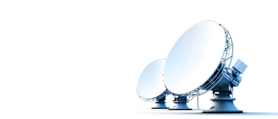 Three large satellite dishes are aligned against a minimalist white background, showcasing their...