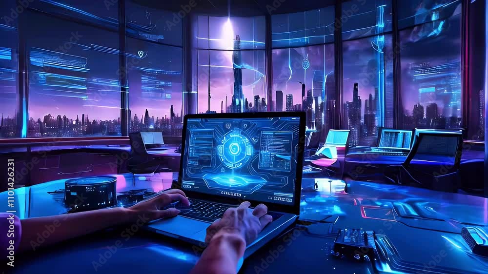 Aufkleber a futuristic workspace with a laptop displaying data against a city skyline.