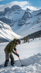 Person using avalanche probe in snow-covered landscape near mountains during winter