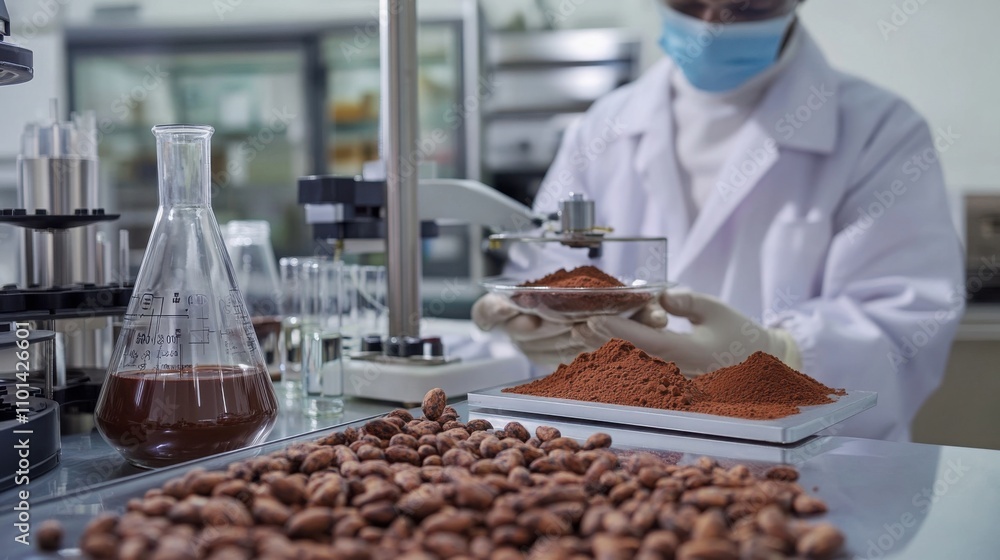 Poster a lab technician testing cocoa products in a modern laboratory with beakers, scales
