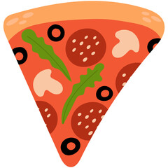 Slice of pizza with sausage, olives, mushrooms and fresh herbs.