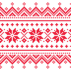Christmas and winter vector seamless pattern with snowflakes - Lapland red and white folk art design, Sami people traditional embroidery Non Ai generated
