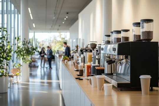 Professional espresso machine preparing coffee in modern office cafeteria