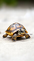 Obraz premium A turtle slowly crawling across a sandy surface, with a light beige background