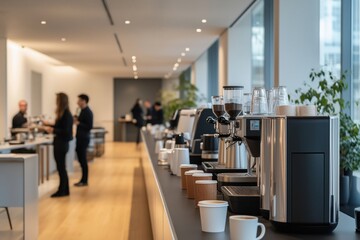 Coffee machine and takeaway cups ready for office workers during coffee break
