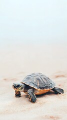 Fototapeta premium A turtle slowly crawling across a sandy surface, with a light beige background