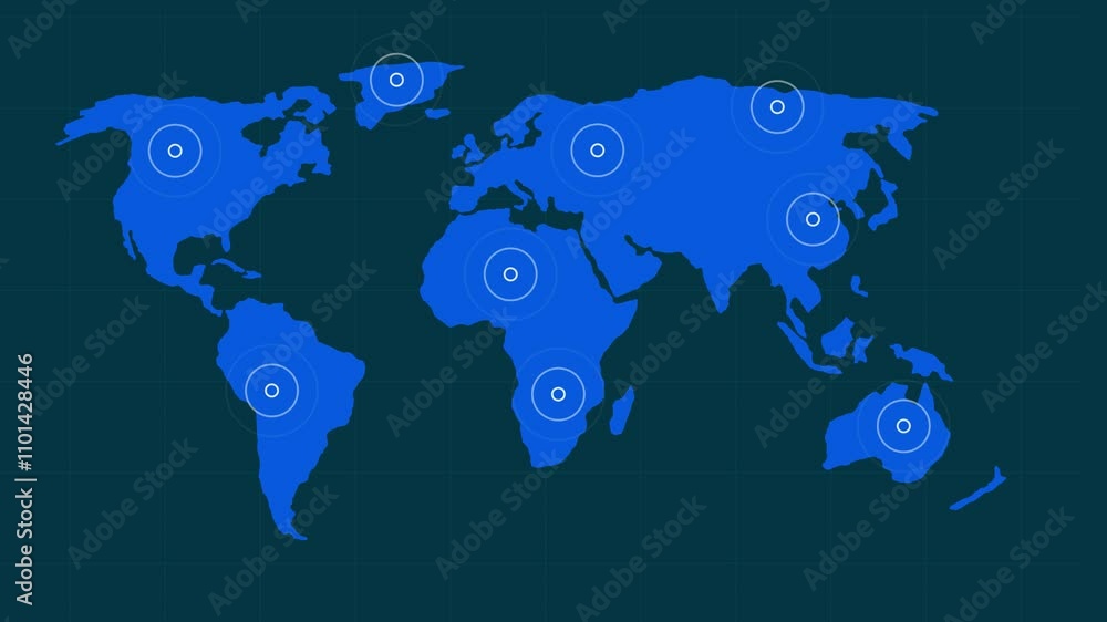 Poster network of digital icons against world map on blue background world map high definition animation co