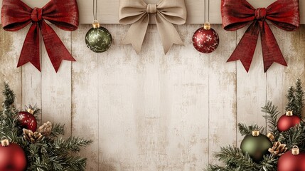 Elegant rustic Christmas banner featuring a taupe and ivory color palette, wooden textures, barn red bows, forest green ornaments, and copper accents for a warm farmhouse feel.