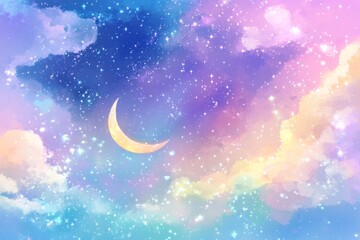 Naklejka premium Magical Unicorn Background with Colorful Rainbow, Pastel Sky Bokeh Stars, and Cosmic Decorations