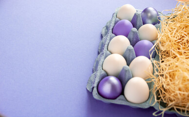 Colored  Easter eggs blue and azure in carton eggs tray background, poster, banner, layout space...