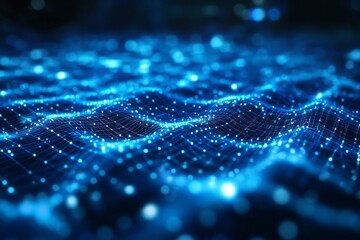 Technology Abstract Blue Digital Grid Network with Interconnected Particles representing Data Connectivity and Technology.