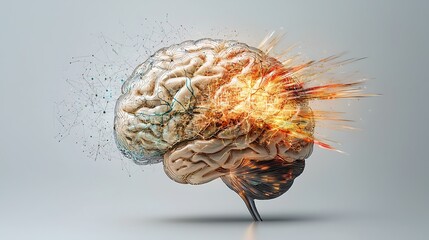 The concept art depicts a human brain bursting open with intricate neural pathways, spilling out vibrant colors and symbolic imagery representing a flood of knowledge and creativity.