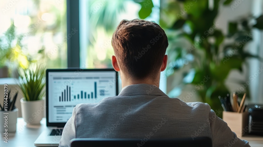 Poster businessman analyzing data on computer in office
