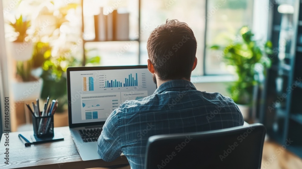 Poster businessman analyzing data on computer in office