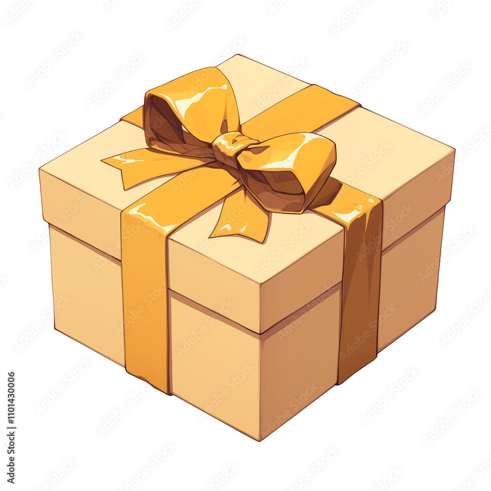 Poster square gift box with shiny golden ribbon is isolated on white background, creating festive and elega