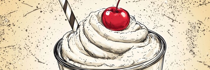 A delicious dessert featuring whipped cream topped with a cherry and a straw.