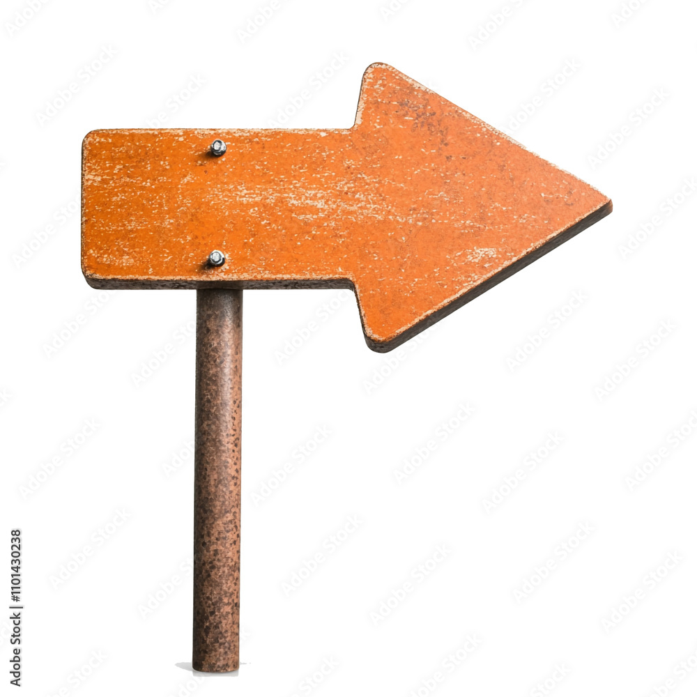 Poster rustic orange directional sign with arrow pointing right, isolated on white background, evokes sense