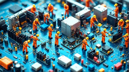 Tiny Titans of Technology: A whimsical scene of miniature workers meticulously repairing a circuit board. Miniature workers constructing a circuit board. 3