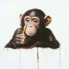 Charming pencil-holding chimp depicted on a simple, bright background, evoking playfulness and ingenuity while combining fun with thought-provoking creativity