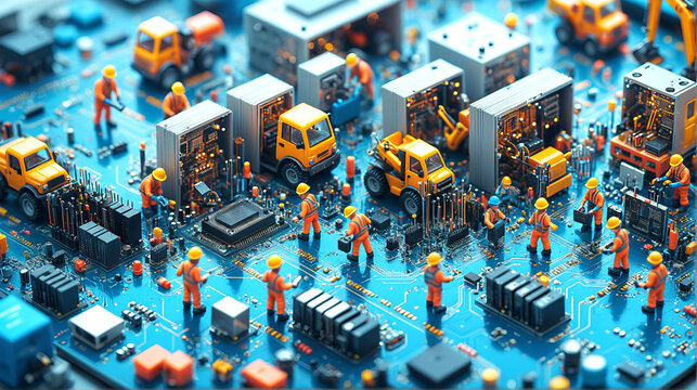 Tiny Titans of Technology: A whimsical scene of miniature workers meticulously repairing a circuit board. Miniature workers constructing a circuit board. 1