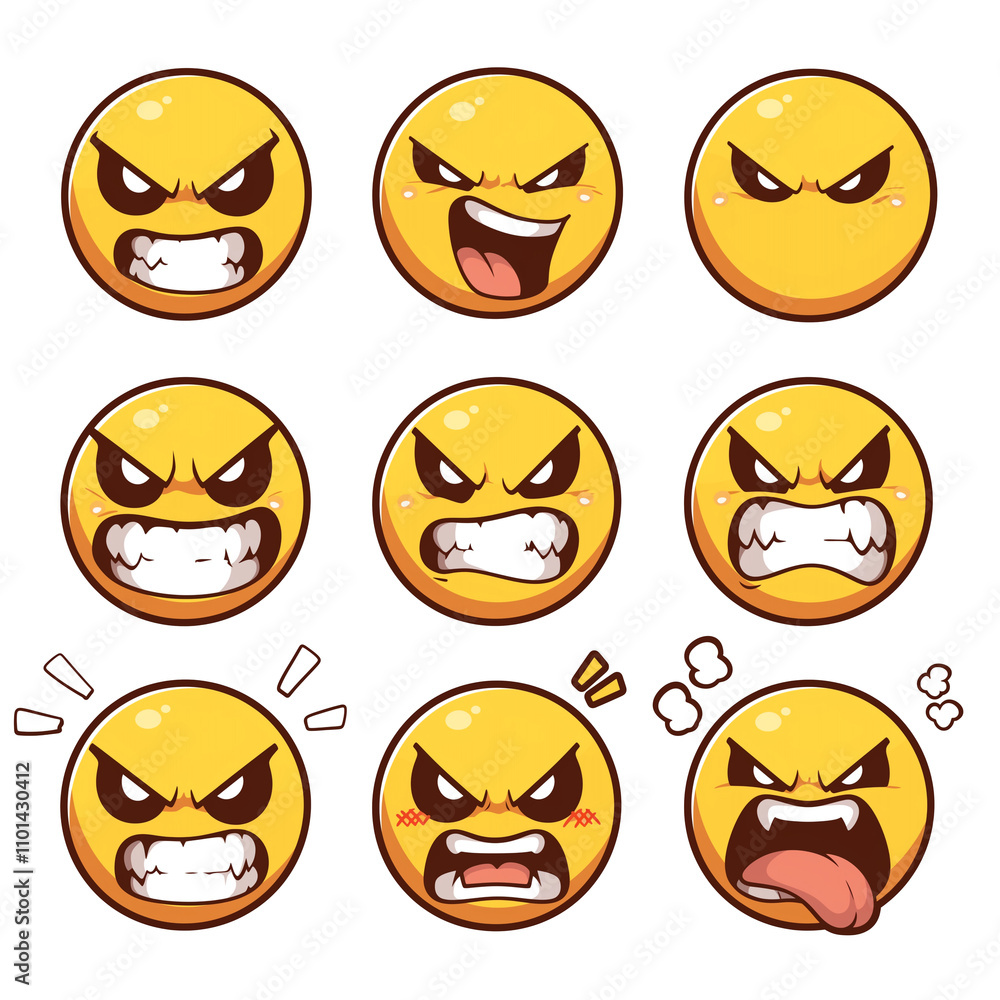 Poster Various angry face emojis with different expressions on white background. These emoticons display range of emotions from frustration to rage, with unique features like steam andPNG transparent