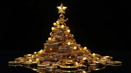 Jewelry fashion, luxury creative golden Christmas tree jewels, glamour beauty rings wearing expensive gold stylish Jewelry on black background, celebration Christmas and New year.