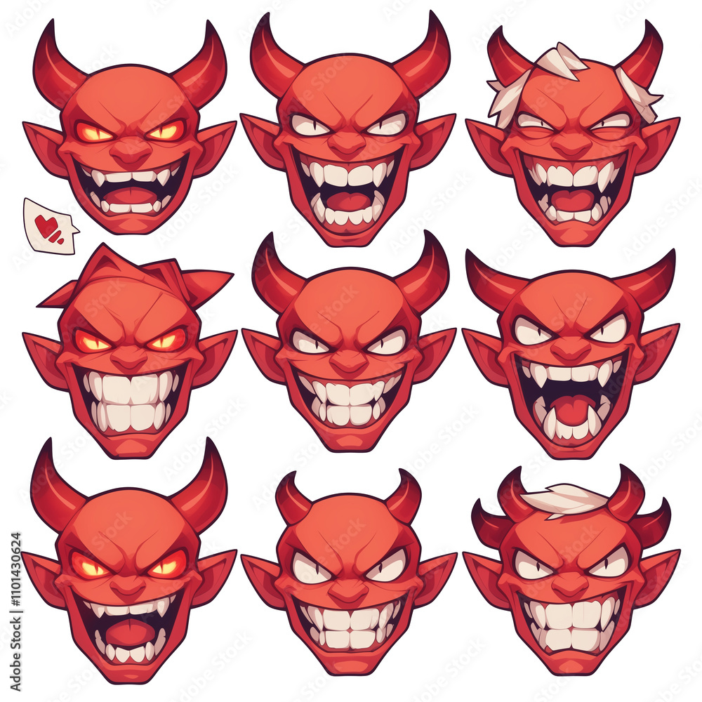 Aufkleber various devilish grin emojis with horns and sharp teeth, isolated on white background, showcasing di
