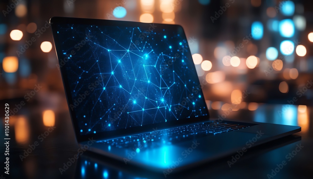Poster closeup of laptop with blue glowing mesh interface and polygonal design on a blurred desktop backgro
