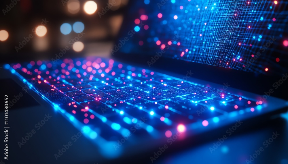 Poster closeup of laptop with blue glowing mesh interface and polygonal design on a blurred desktop backgro