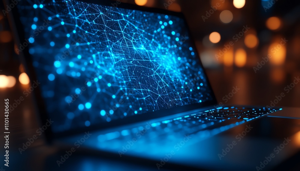 Poster closeup of laptop with blue glowing mesh interface and polygonal design on a blurred desktop backgro