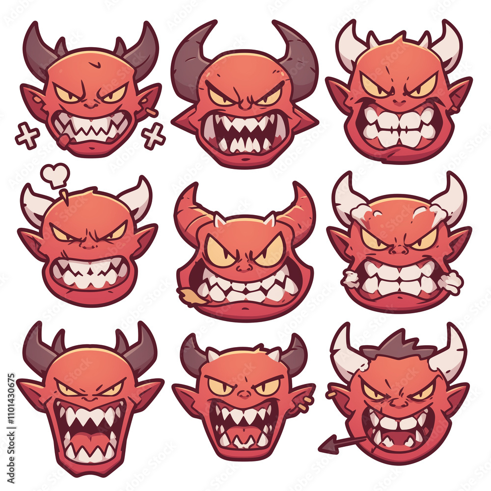 Poster various devilish grin emojis with horns and sharp teeth on white background. these expressive and mi