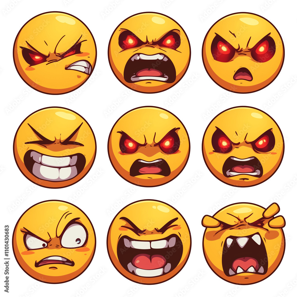 Poster various angry face emojis with intense expressions on white background. these emotive icons display 