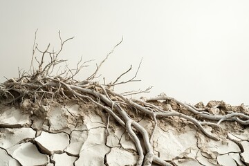 Dry tree roots spread over cracked earth