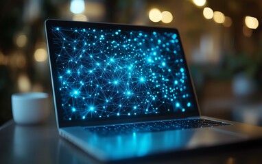 Closeup of laptop with blue glowing polygonal mesh interface on a blurry desktop, representing technology and network systems, double exposure effect, 3D render