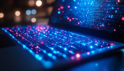 Closeup of laptop with blue glowing mesh interface and polygonal design on a blurred desktop background, tech and network concept, double exposure, 3D render