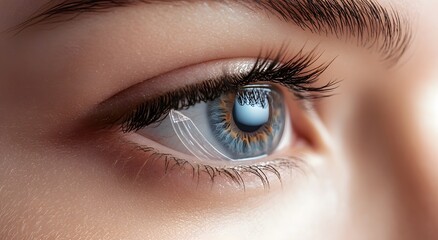 Obraz premium Close up of beautiful woman's eye with contact lenses. Vision health and smooth healthy skin care concept, eyelash extension procedure with long eyelashes.